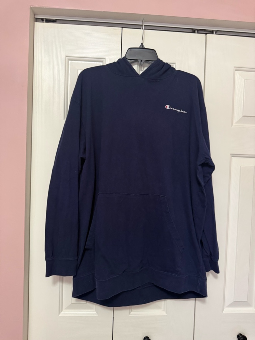Champion Navy Pullover Hoodie with Script Chest Logo